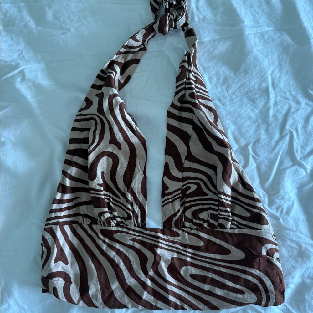 Garage Brown and Cream Smocked Halter Top with Zebra Print